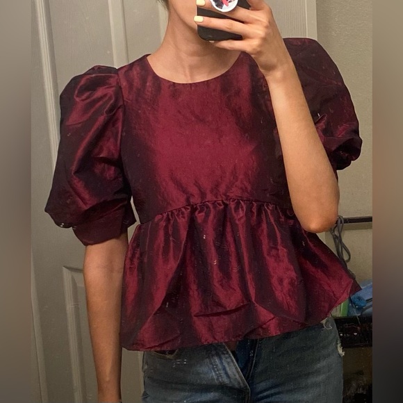 ASOS Shine Red Puff Sleeve Peplum Top Cropped - Picture 4 of 4